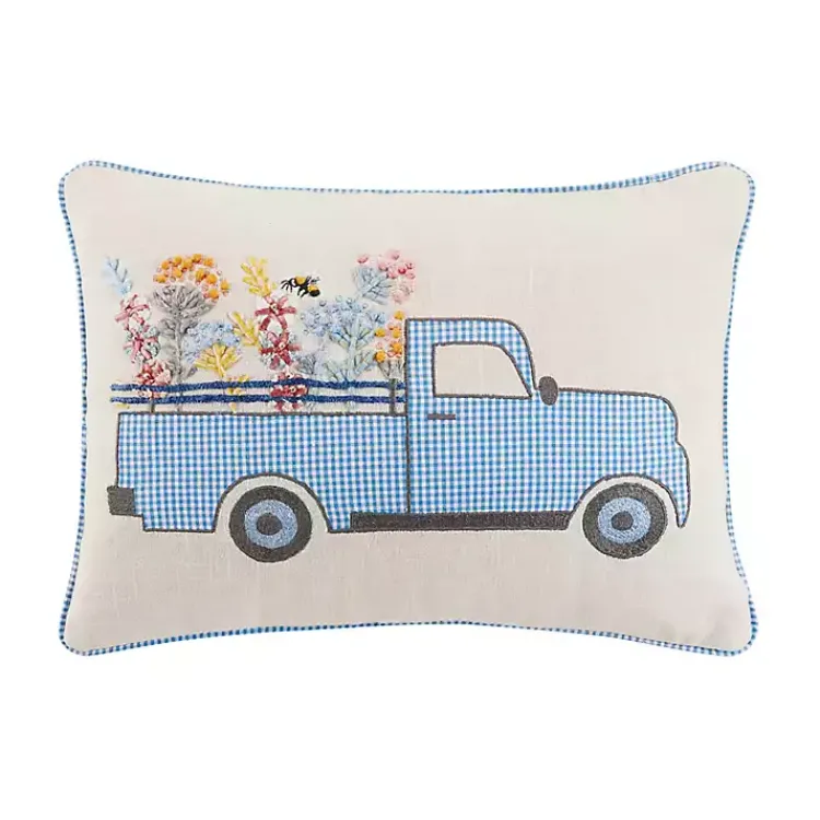 Clearance Gingham Truck Embroidered Lumbar Pillow Pillows
