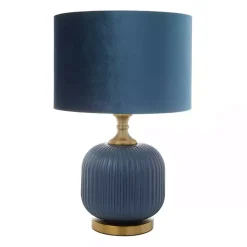 Kirklands Home Table Lamps|Glass Base Round Velvet Shade Table Lamp Blue