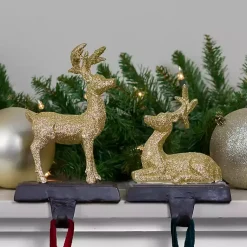 Glittery Gold Reindeer Stocking Holders, Set of 2 Christmas Stockings & Stocking Holders
