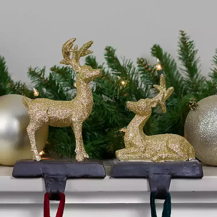 Glittery Gold Reindeer Stocking Holders, Set of 2 Christmas Stockings & Stocking Holders