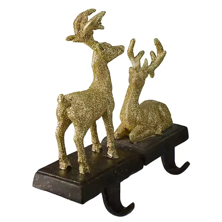 Glittery Gold Reindeer Stocking Holders, Set of 2 Christmas Stockings & Stocking Holders