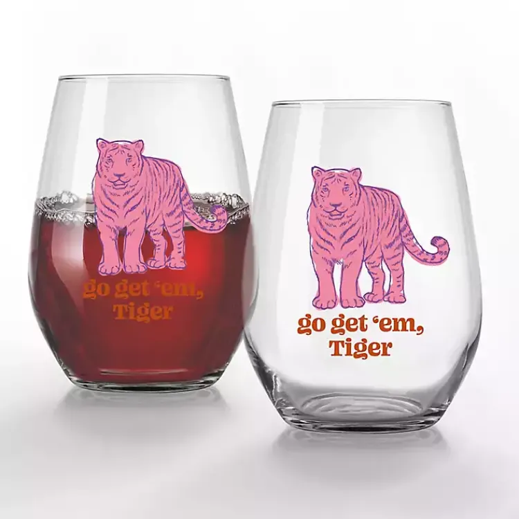 Kirklands Home Glassware & Drinkware|Go Get 'Em, Tiger Stemless Wine Glasses, Set of 2 Pink