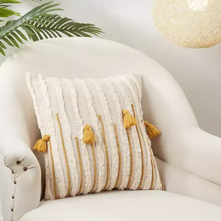 New Gold & Cream Tufted Tassels Throw Pillow Pillows