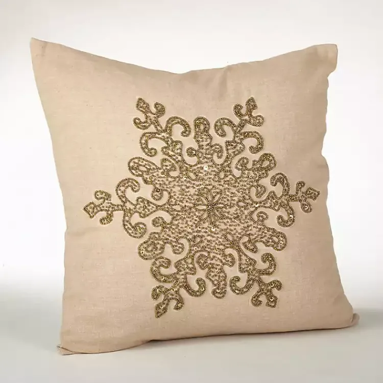 New Gold Beaded Snowflake Down Throw Pillow Christmas Pillows
