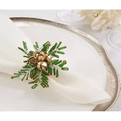Kirklands Home Kitchen Accessories|Gold Bells and Holly Napkin Rings, Set of 4