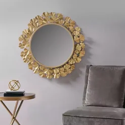 Kirklands Home Decorative Mirrors|Gold Foil Leaf Framed Round Wall Mirror