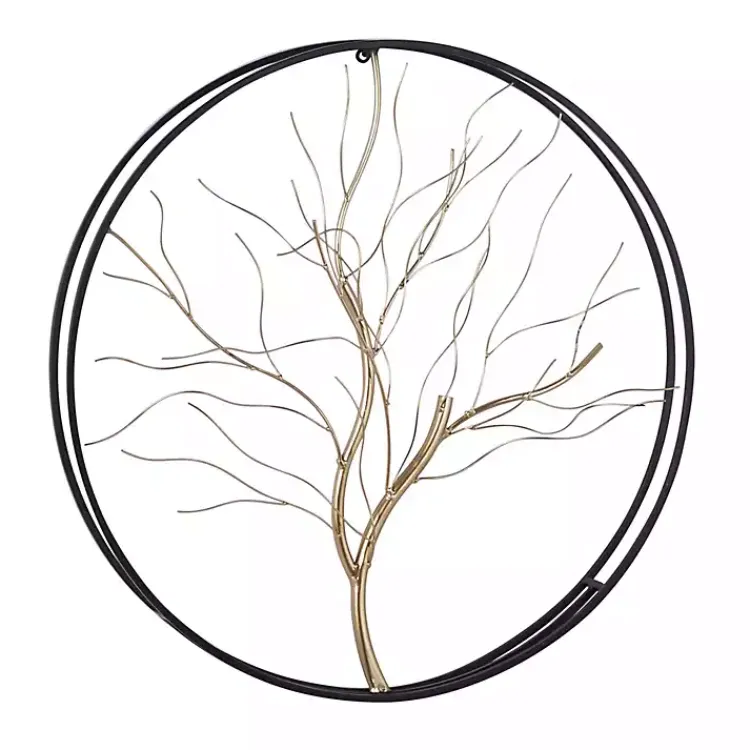 Kirklands Home Wall Plaques|Gold Iron Leaf-Less Tree Round Frame Wall Plaque Black