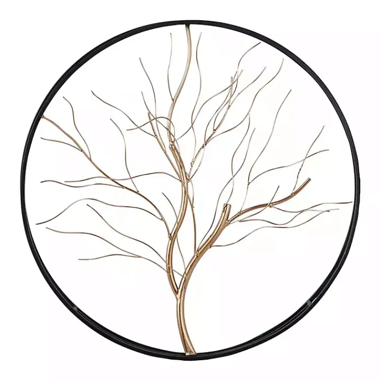 Kirklands Home Wall Plaques|Gold Iron Leaf-Less Tree Round Frame Wall Plaque Black