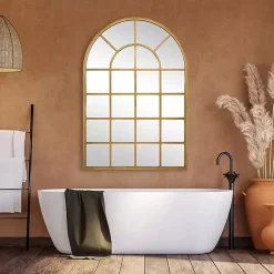 Kirklands Home Decorative Mirrors|Gold Leaf Metal Windowpane Arch Frame Mirror