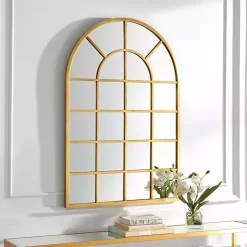 Kirklands Home Decorative Mirrors|Gold Leaf Metal Windowpane Arch Frame Mirror