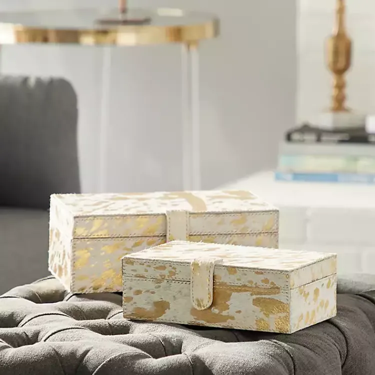 New Gold Leather Hide Rustic 2-pc. Box Set Baskets & Boxes