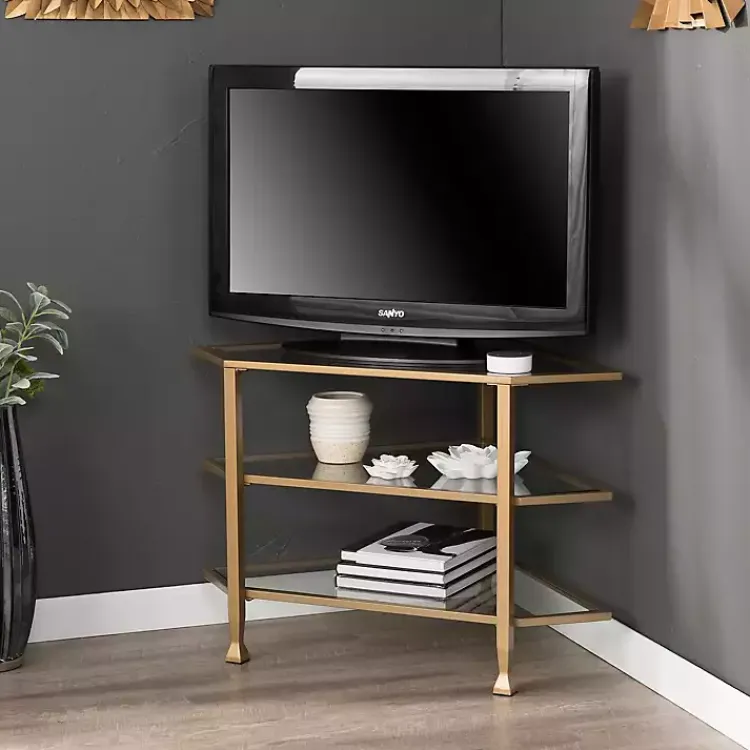 Kirklands Home Tv Stands & Media Consoles|Metal and Glass Corner TV Stand Gold