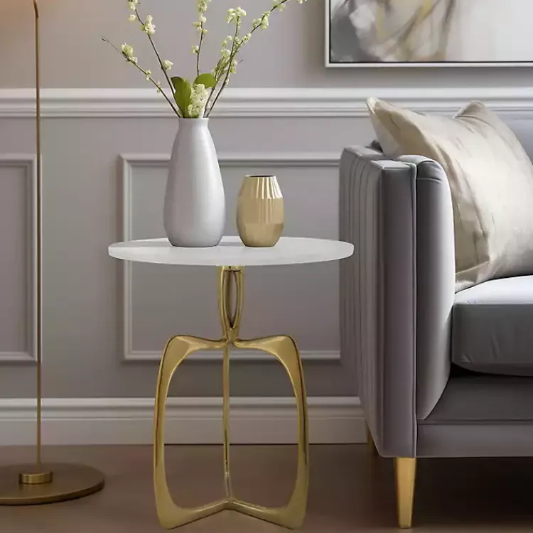 Kirklands Home Accent & End Tables|Gold Metal and Marble Modern Abstract Accent Table White