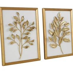 Kirklands Home Wall Plaques|Gold Metal Leaves Framed Wall Plaques, Set of 2