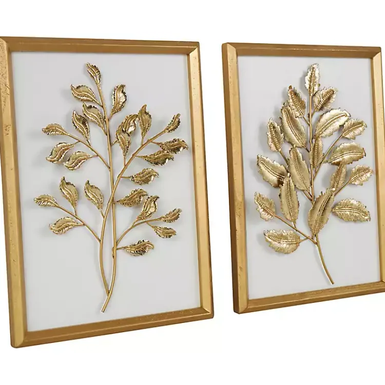Kirklands Home Wall Plaques|Gold Metal Leaves Framed Wall Plaques, Set of 2