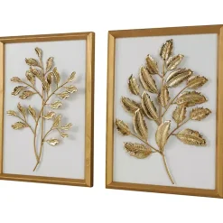 Kirklands Home Wall Plaques|Gold Metal Leaves Framed Wall Plaques, Set of 2