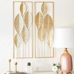 Kirklands Home Wall Plaques|Metal Leaves Wall Plaques, Set of 2 Gold