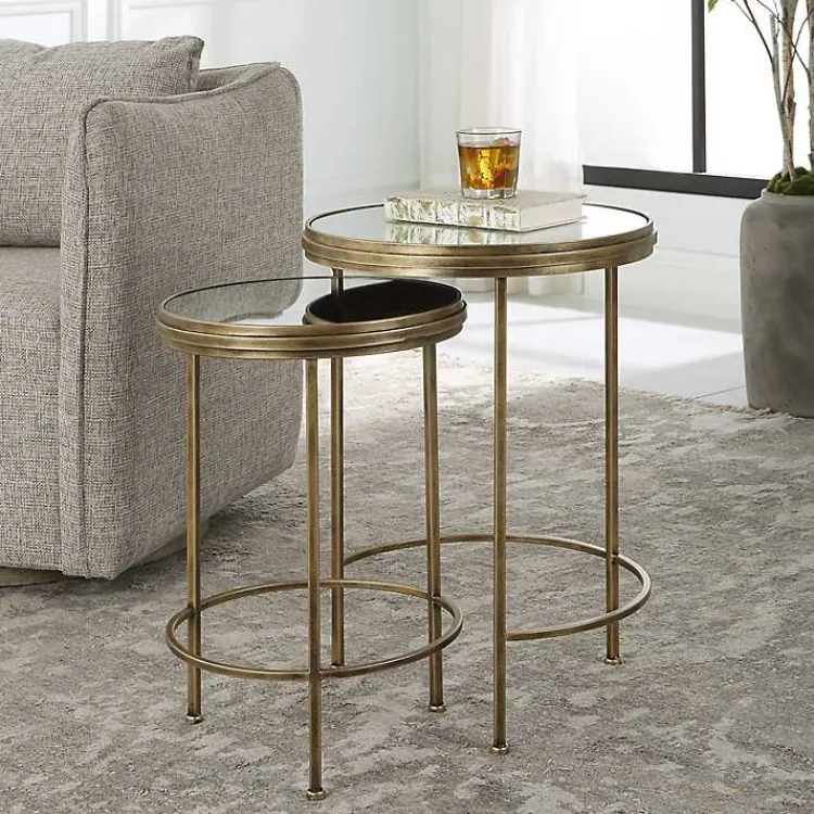 Kirklands Home Accent & End Tables|Metal Mirror Top 2-pc. Nesting Side Table Set Gold