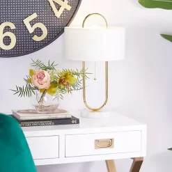 Kirklands Home Table Lamps|Metal Open Loop Stem White Round Table Lamp Gold