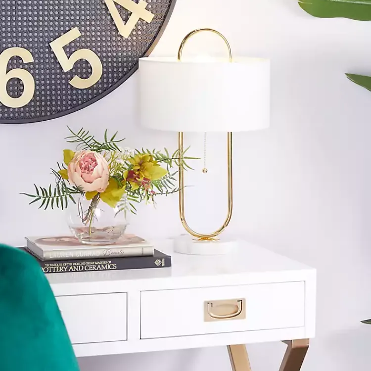 Kirklands Home Table Lamps|Metal Open Loop Stem White Round Table Lamp Gold