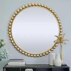 Kirklands Home Decorative Mirrors|Gold Metal Round Beaded Frame Wall Mirror
