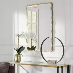 Kirklands Home Decorative Mirrors|Gold Wood Wavy Frame Beveled Wall Mirror