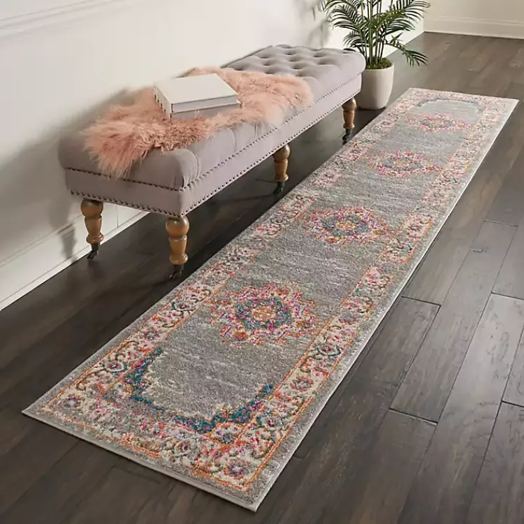 Kirklands Home Area Rugs|Gray & Pink Central Motif Botanical Runner