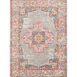 Kirklands Home Area Rugs|Gray & Pink Central Motif Botanical Area Rug, 5x7