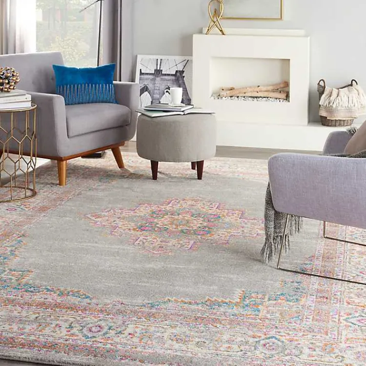 Kirklands Home Area Rugs|Gray & Pink Central Motif Botanical Area Rug, 9x12