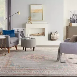 Kirklands Home Area Rugs|Gray & Pink Central Motif Botanical Area Rug, 9x12