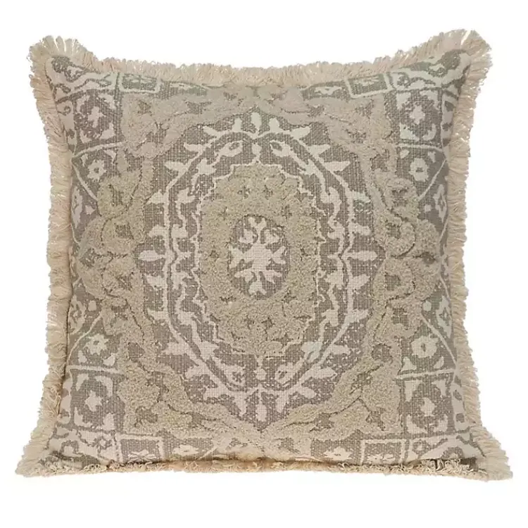 Online Gray and Tan Medallion Fringe Pillow Pillows
