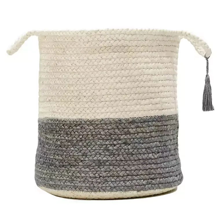 Gray and White Woven Basket with Tassel, 17 in. Baskets & Boxes