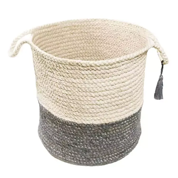 Gray and White Woven Basket with Tassel, 17 in. Baskets & Boxes