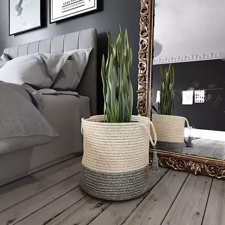 Gray and White Woven Basket with Tassel, 17 in. Baskets & Boxes