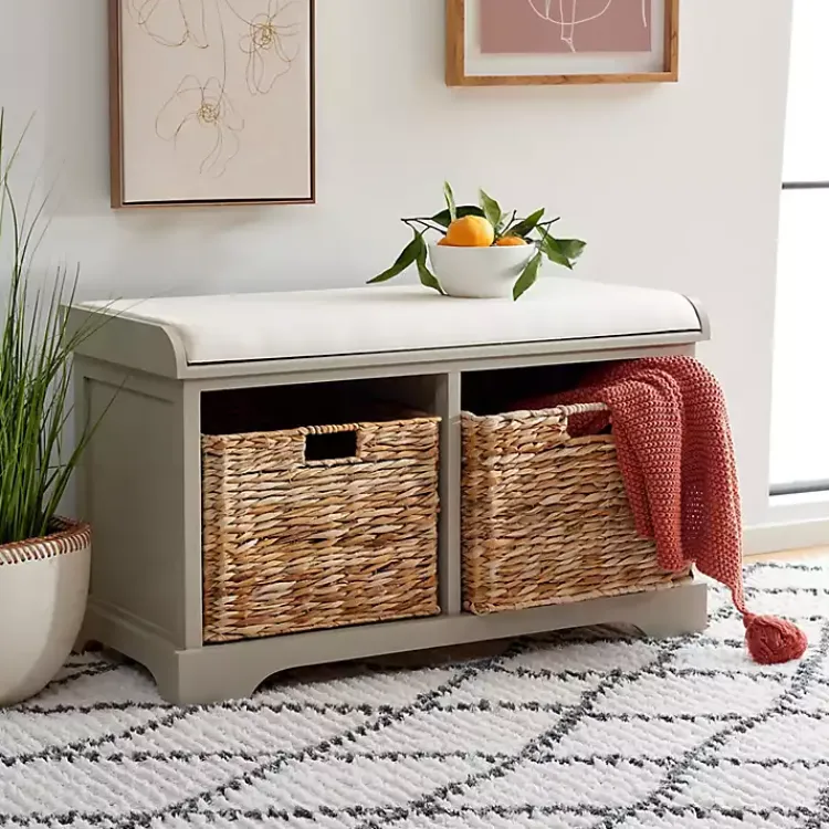 Kirklands Home Benches & Ottomans|Bench with Woven Storage Baskets Gray