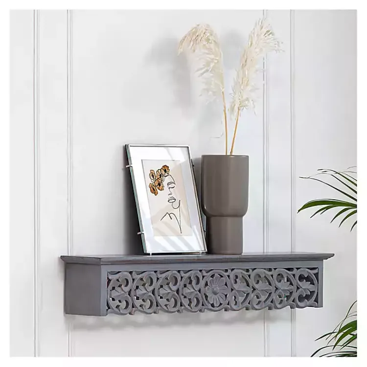 Kirklands Home Shelves|Gray Carved Floral Decorative Wall Shelf