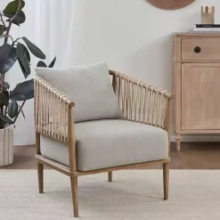 Kirklands Home Accent Chairs|Curved Wood and Jute Rope Accent Chair Gray