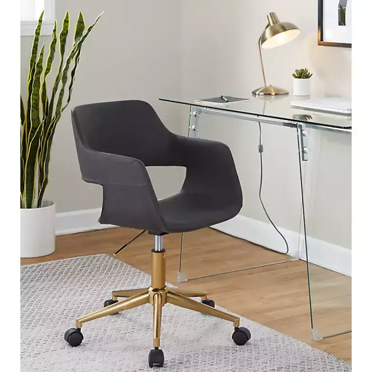 Kirklands Home Office Furniture|Faux Leather & Gold Marshall Office Chair Gray