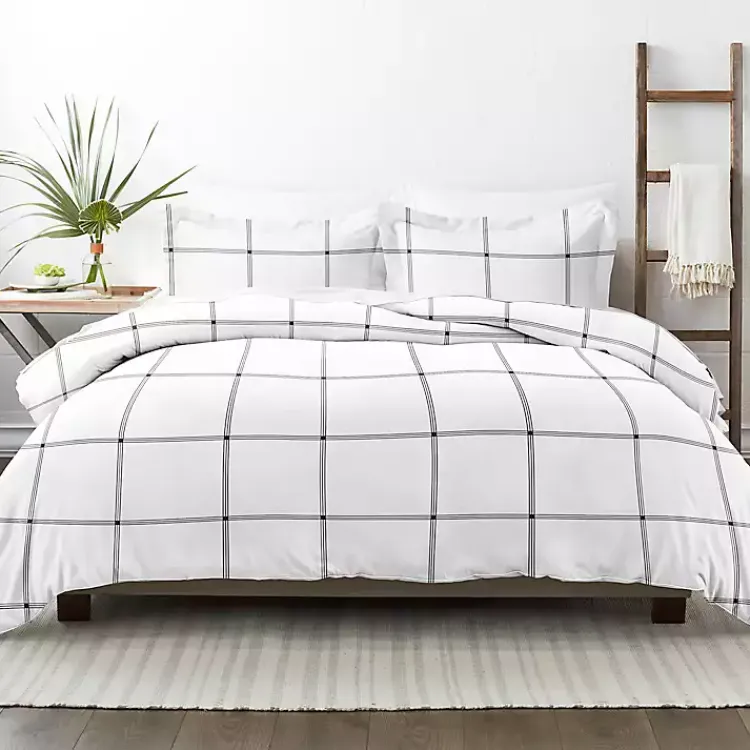Kirklands Home Duvets|Gray Grid Plaid 3-pc. Micro Queen Duvet Cover Set