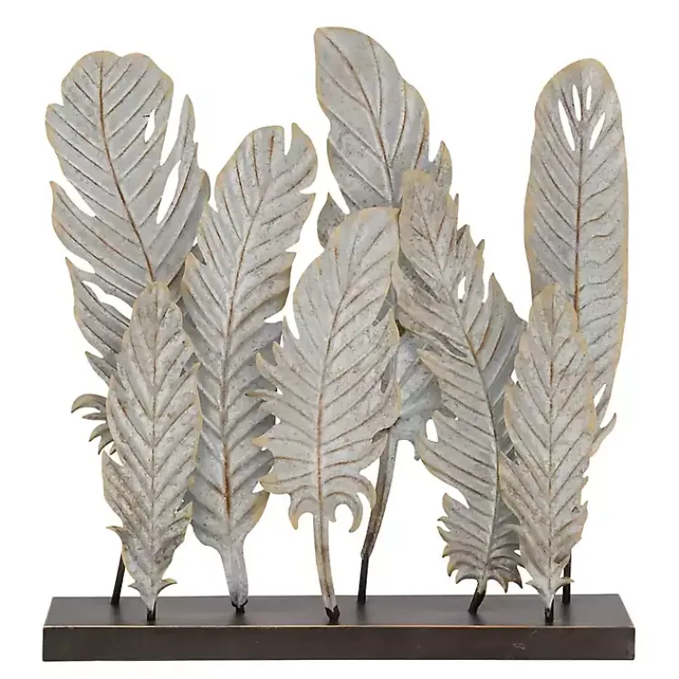 Clearance Metal Distressed Feathers Sculpture with Base Statues & Figurines