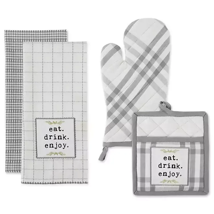 Kirklands Home Kitchen Accessories|Gray Plaid Eat Drink Enjoy 4-pc. Dish Towel Set