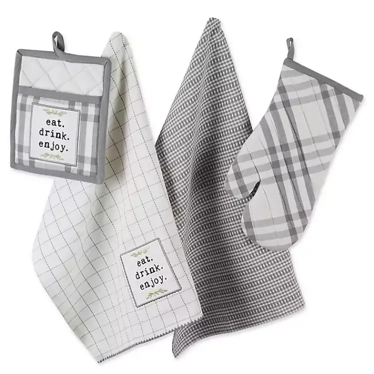 Kirklands Home Kitchen Accessories|Gray Plaid Eat Drink Enjoy 4-pc. Dish Towel Set