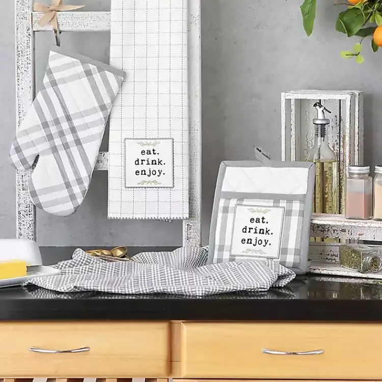 Kirklands Home Kitchen Accessories|Gray Plaid Eat Drink Enjoy 4-pc. Dish Towel Set