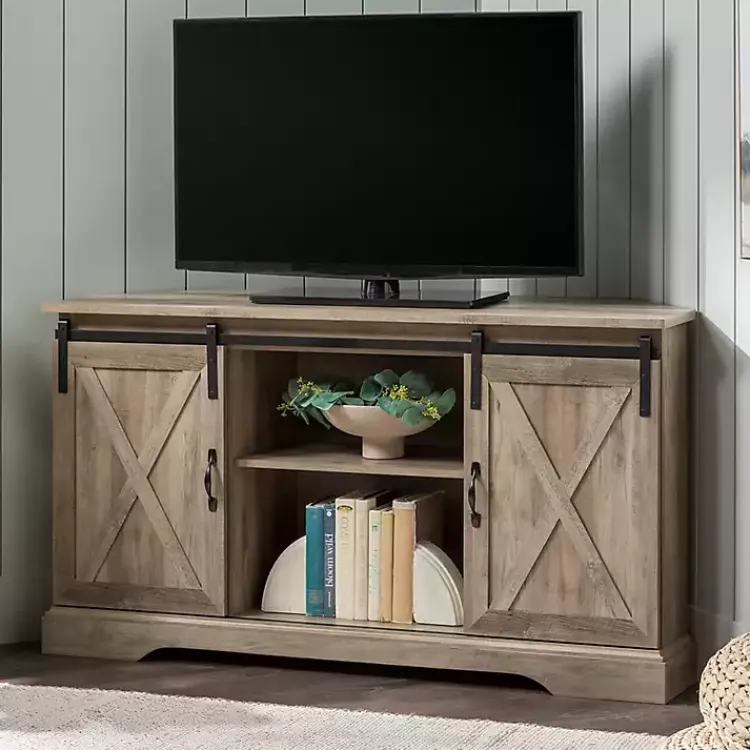 Kirklands Home Tv Stands & Media Consoles|Sliding Barn Doors Corner TV Stand Gray