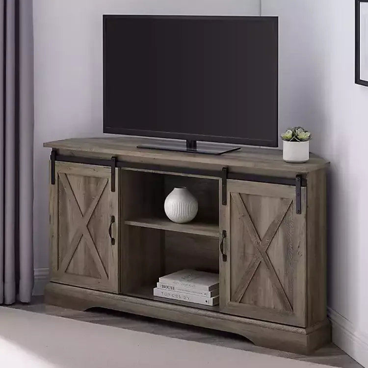 Kirklands Home Tv Stands & Media Consoles|Sliding Barn Doors Corner TV Stand Gray