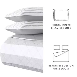Kirklands Home Quilts|Gray Striped Reversible 3-pc. Queen Quilt Set