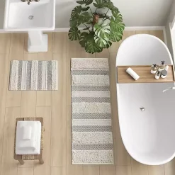 Kirklands Home Bathroom Rugs|Tufted Stripes Woven Bath Runner Gray