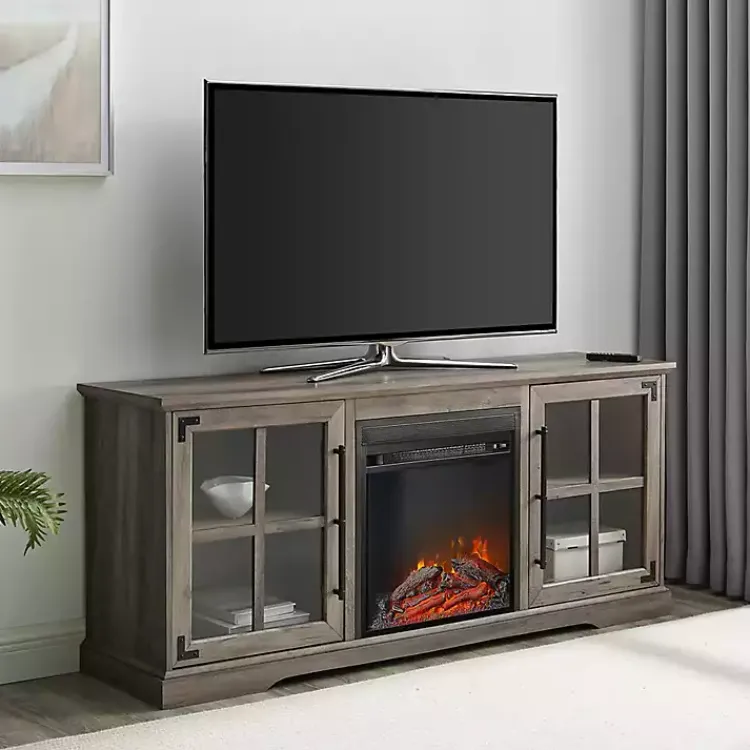 Kirklands Home Tv Stands & Media Consoles|Wood 2-Door LED Fireplace Cabinet Gray