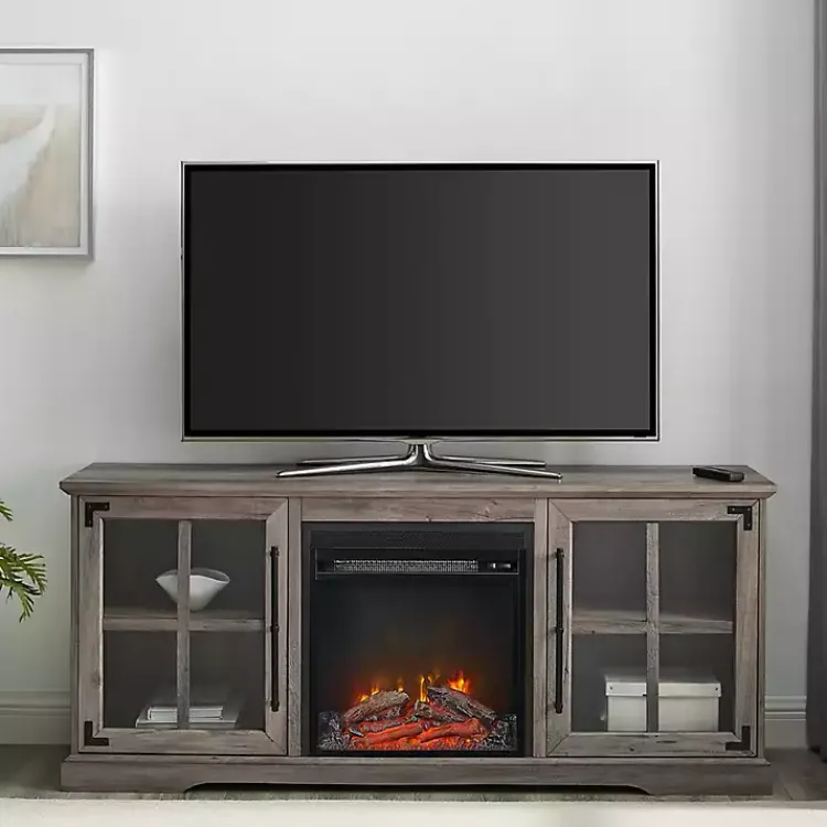 Kirklands Home Tv Stands & Media Consoles|Wood 2-Door LED Fireplace Cabinet Gray