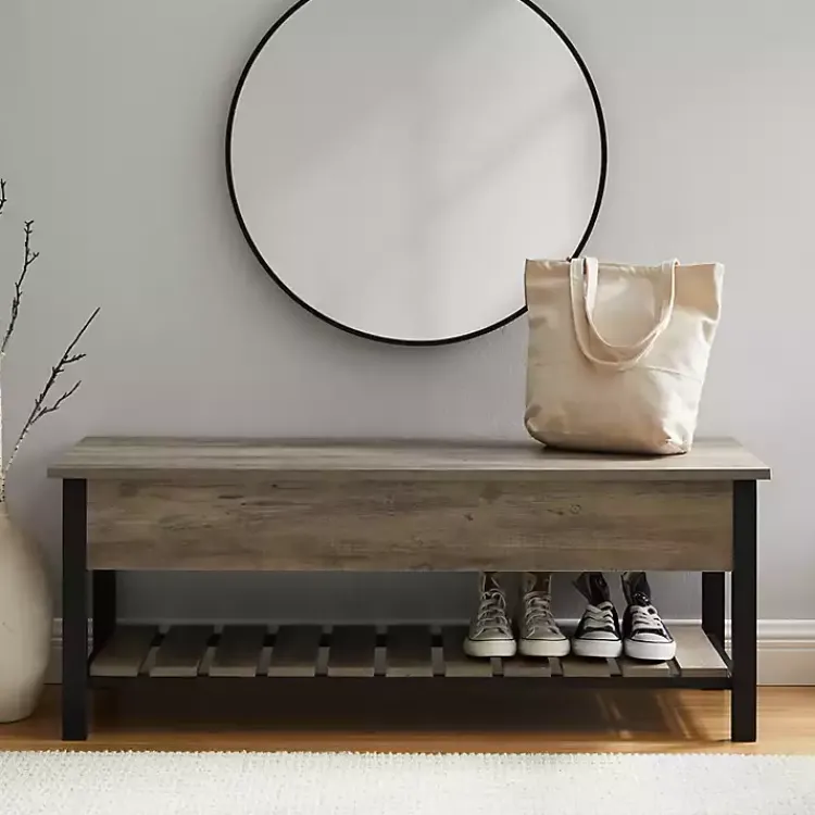 Kirklands Home Entryway Furniture|washed Lift-Top Storage Bench Gray